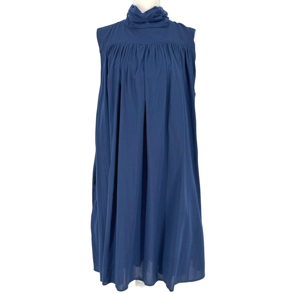Lands End Sleeveless Cotton Dress L Navy Modal Mock Neck Pleated Coastal Preppy